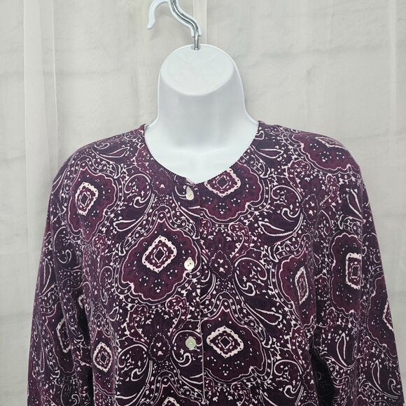 Vintage Lands' End Cardigan Sweater Purple Floral Boho Cotton Preppy Casual L - Picture 2 of 10